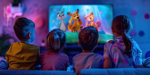 Joyful Kindergarten Kids Watching Cartoons on TV in a Colorful Classroom Setting. Happy Children Enjoying Animated Characters Together in a Playful and Bright Environment with Soft Lighting and a Wide
