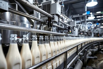 An industrial dairy production line with rows of milk bottles on a conveyor belt