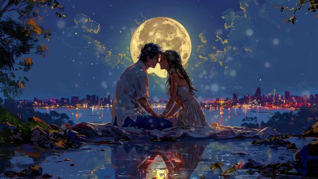 Romantic couple illustration, seamless loop, full moon, comic style, anime style, manga style, 4K 16:9
