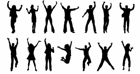 Silhouette of happy people. Silhouette of people jumping. People jump in different pose. excited, success, happy, joyful, celebrating and fun.