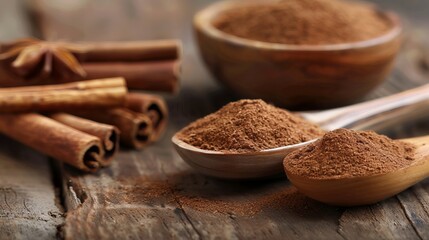 Cinnamon sticks and a spoon lie on a wooden table, cinnamon powder scattered around them.