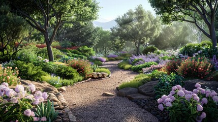 Peaceful Garden Scene: Illustrate the tranquil beauty of a peaceful garden with blooming flowers, greenery,