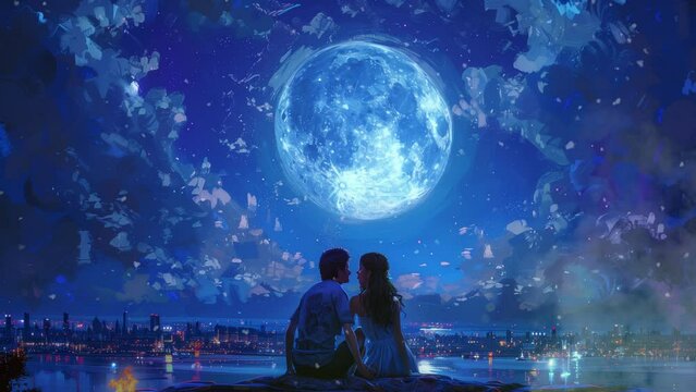 Romantic couple illustration, seamless loop, full moon, comic style, anime style, manga style, 4K 16:9