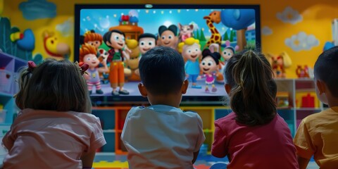 Joyful Kindergarten Kids Watching Cartoons on TV in a Colorful Classroom Setting. Happy Children Enjoying Animated Characters Together in a Playful and Bright Environment with Soft Lighting and a Wide