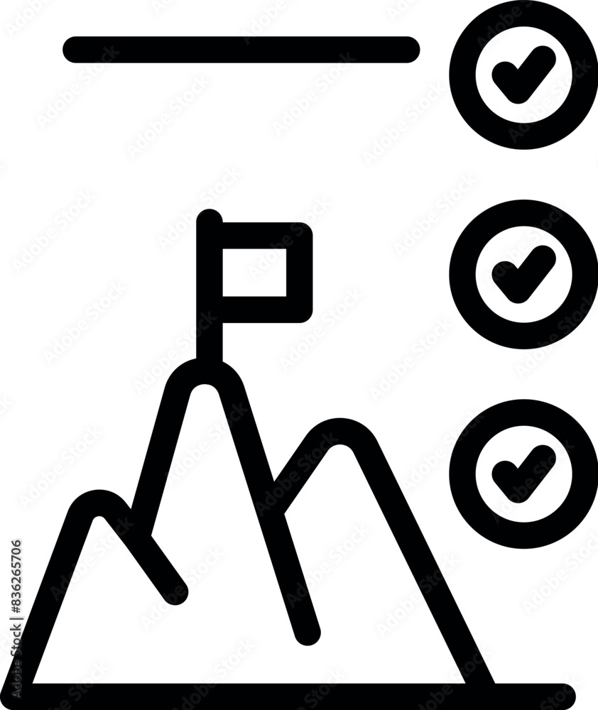 Wall mural Minimalist black and white mountain peak success icon illustration with flag and checkmark. Representing achievement. Goal. Victory. And accomplishment. Scalable vector design - Wall murals