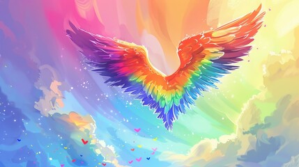 Obraz premium Rainbow Heart with Angel Wings Flying Through Colorful Sky - LGBTQ Pride Poster Illustration