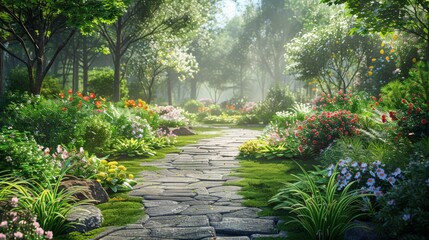 Obraz premium Peaceful Garden Scene: Illustrate the tranquil beauty of a peaceful garden with blooming flowers, greenery,
