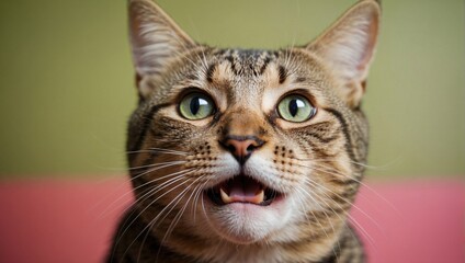 Close-up of a tabby cat with green eyes, mouth open as if meowing, highlighting its expressive face and detailed fur patterns.