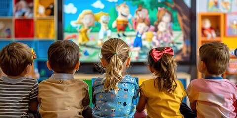 Joyful Kindergarten Kids Watching Cartoons on TV in a Colorful Classroom Setting. Happy Children Enjoying Animated Characters Together in a Playful and Bright Environment with Soft Lighting and a Wide
