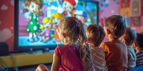 Joyful Kindergarten Kids Watching Cartoons on TV in a Colorful Classroom Setting. Happy Children Enjoying Animated Characters Together in a Playful and Bright Environment with Soft Lighting and a Wide