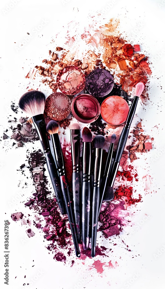Poster a collection of makeup brushes covered in vibrant eyeshadow and blush powders arranged on a white su