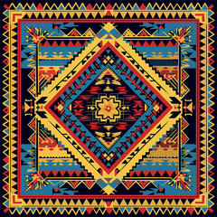 print design in the style of ethnic carpet patterns, Aztec art and African textile designs. Red blue yellow orange