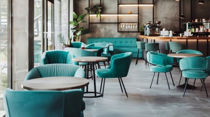 Modern coffee shop interior with teal chairs, wooden tables, and a contemporary design. Cozy and inviting atmosphere, ideal for relaxation.