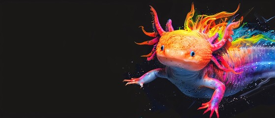 Rainbow Axolotl covered in rainbow fire apron, Enigmatic rainbow axolotl in the depths, representing LGBTQIA uniqueness