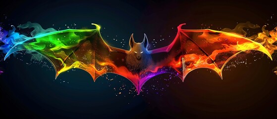Rainbow Bat covered in rainbow fire apron, Vibrant rainbow bat flying through the night, representing LGBTQIA freedom