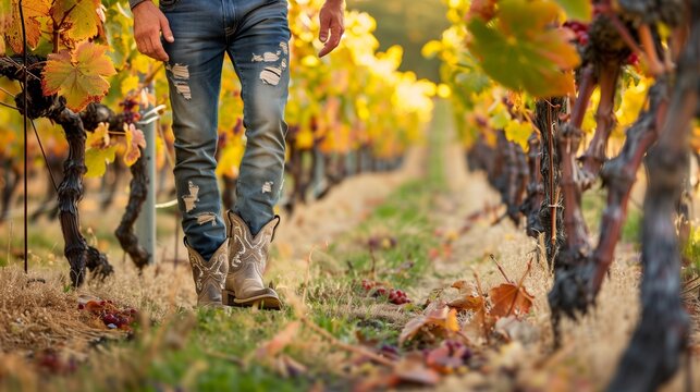 A man in distressed jeans and cowboy boots strolls through a picturesque vineyard, inspecting ripe grapes.