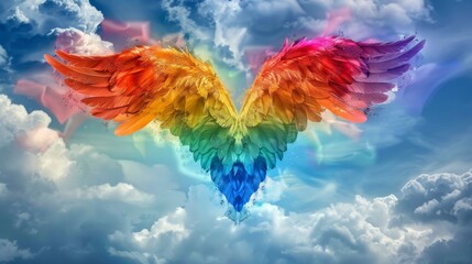 Obraz premium Rainbow Heart with Feathered Angel Wings Soaring in Pride - Illustration of Love, Unity, and Freedom in a Cloudy Sky for Poster Design