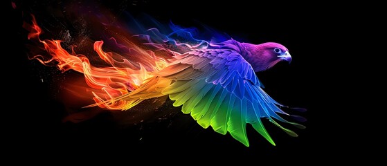 Fototapeta premium Rainbow Falcon covered in rainbow fire apron, Sleek rainbow falcon soaring in the dark, symbolizing LGBTQIA freedom