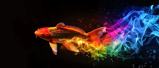 Obraz premium Rainbow Koi covered in rainbow fire apron, Radiant rainbow koi swimming in obsidian waters, embodying LGBTQIA perseverance