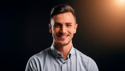 Hombre de negocios sonriente con luz lateral y fondo oscuro, con bigote y barba mirando al frente. 2024