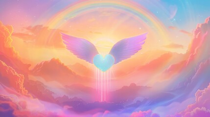 Glowing Rainbow Heart with Angel Wings Soaring over Pastel Pride Landscape - LGBTQ+ Diversity Poster Illustration