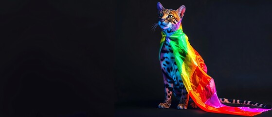 Rainbow Ocelot covered in rainbow fire apron, Sleek rainbow ocelot prowling in the shadows, symbolizing LGBTQIA stealth