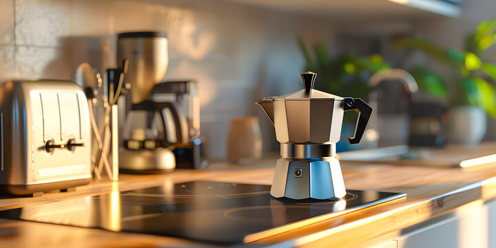 Cafetera tipo moka pot metalica en una cocina minimalista 