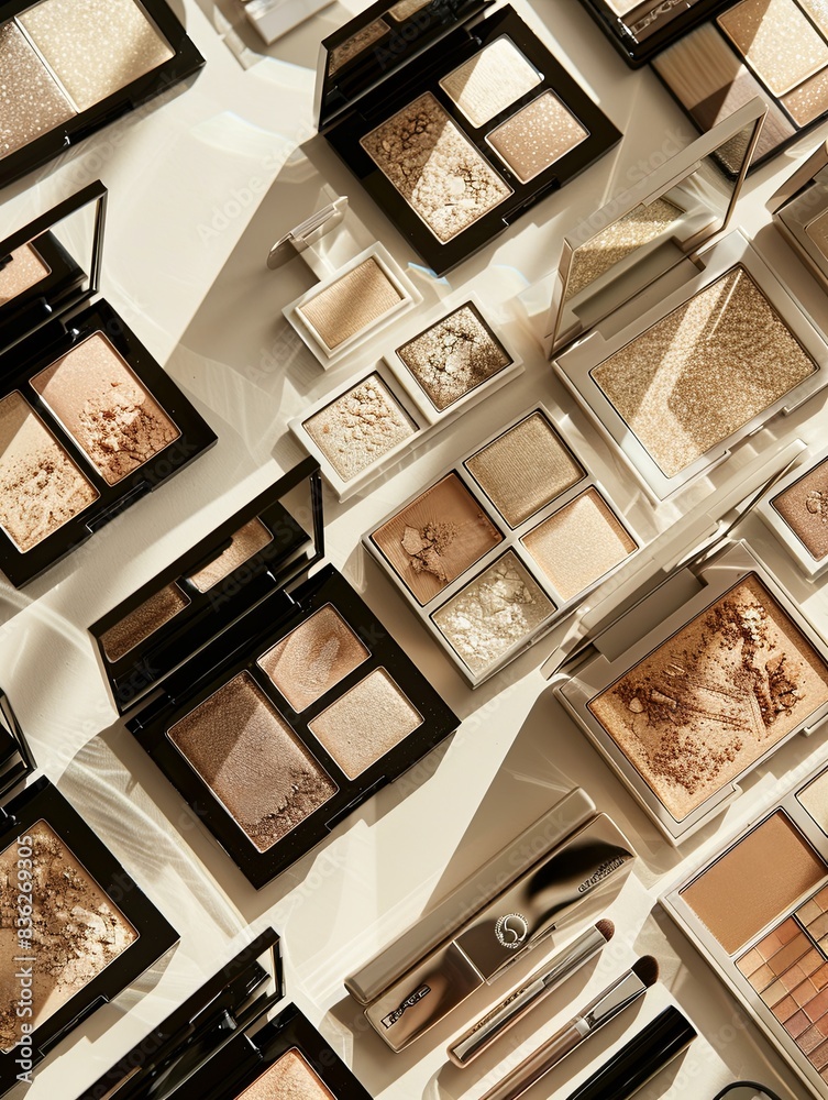 Poster a close-up shot of various contouring palettes and highlighters arranged on a light background. gene