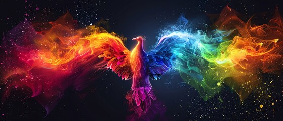 Rainbow Phoenix covered in rainbow fire apron, Mythical rainbow phoenix rising from the dark, embodying LGBTQIA rebirth
