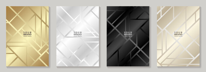 Premium set elegant cover design for invitation, cover design, flayers, menu, notebook, cards. Luxury design templates with black, gold and silver geometric pattern.