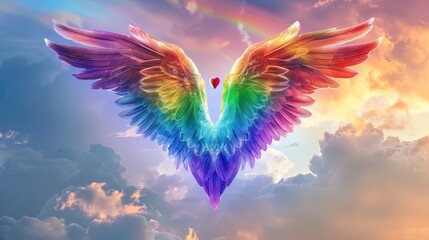 Obraz premium Celestial Love: Radiant Rainbow Heart with Angel Wings Soaring in Serene Skies for Pride Celebration