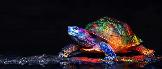 Rainbow Snapping Turtle covered in rainbow fire apron, Colorful rainbow snapping turtle in the darkness, symbolizing LGBTQIA resilience