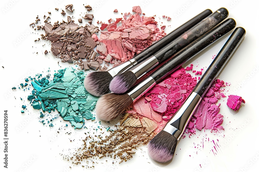 Poster a close-up of makeup brushes covered in vibrant eyeshadow and blush. generative ai