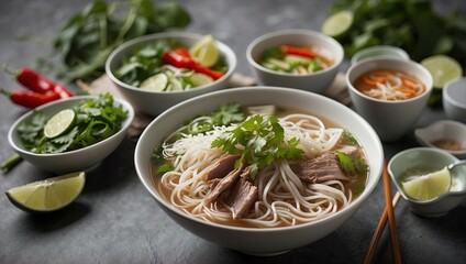 Vietnamese pho bowl with rice noodles, tender beef, fresh herbs, and lime, surrounded by bowls of garnishes and vegetables on a rustic table.