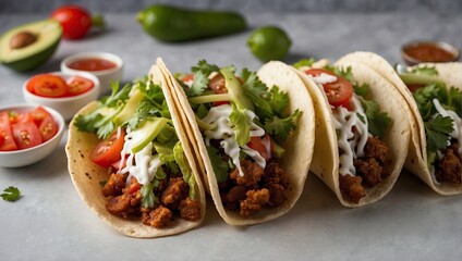Three flavorful tacos with seasoned meat, fresh lettuce, tomatoes, and drizzled sauce, served on a gray surface with ingredients scattered around.