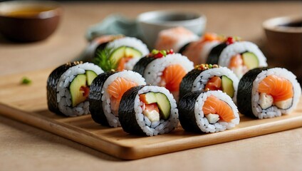 Fresh sushi rolls with salmon, cucumber, and rice, wrapped in seaweed, arranged on a wooden tray with dipping sauces in the background.