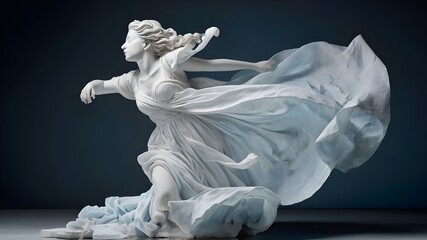 In a shocking contrast of elegance and turmoil, a Renaissance-style fragmented sculpture of a woman running is depicted in white marble slowly dissolving into light blue linen fabrics. Generative AI