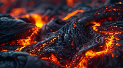 Close-up of molten lava flowing, glowing red hot.