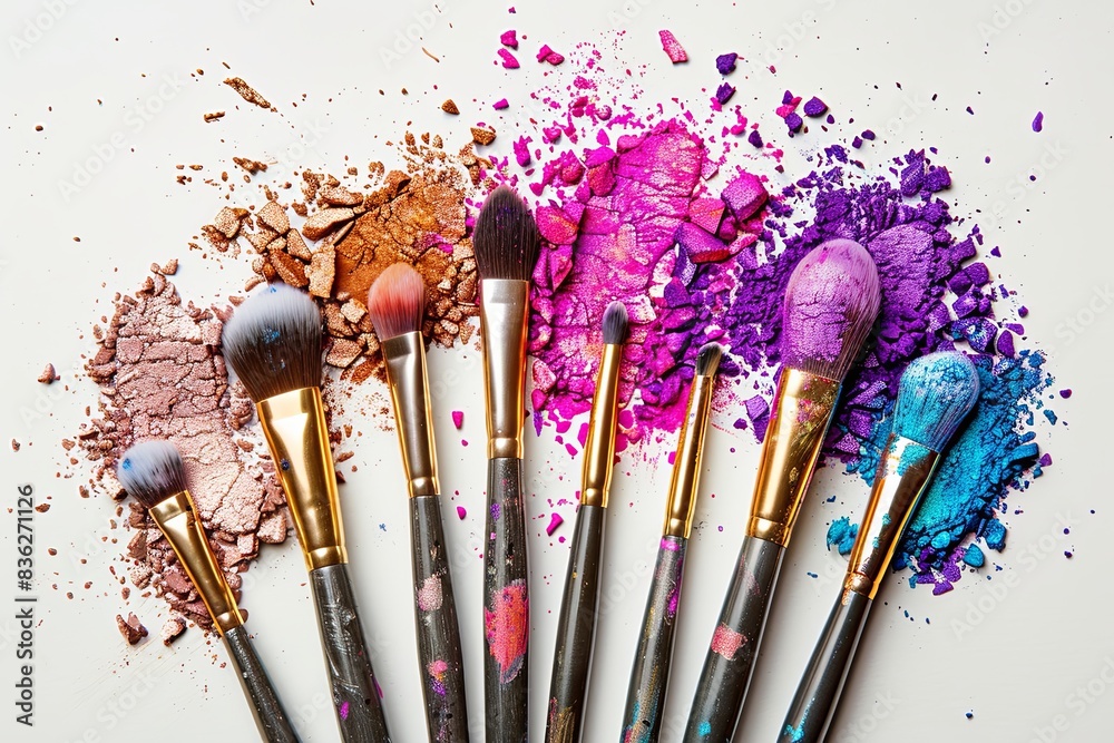 Aufkleber a collection of makeup brushes covered in colorful eyeshadow and blush. generative ai