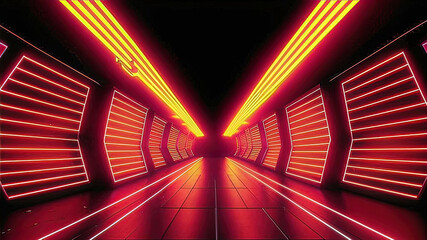 Futuristic tunnel of glowing red and yellow neon lights with perspective
