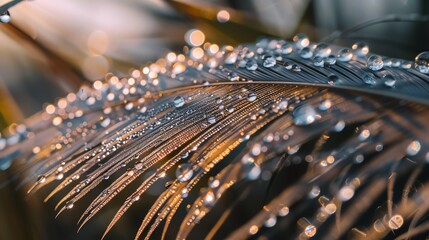 Close-up of a feather covered in dew drops.