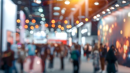 Bustling Convention Scene with Crowds and Colorful Booths in Energetic Atmosphere