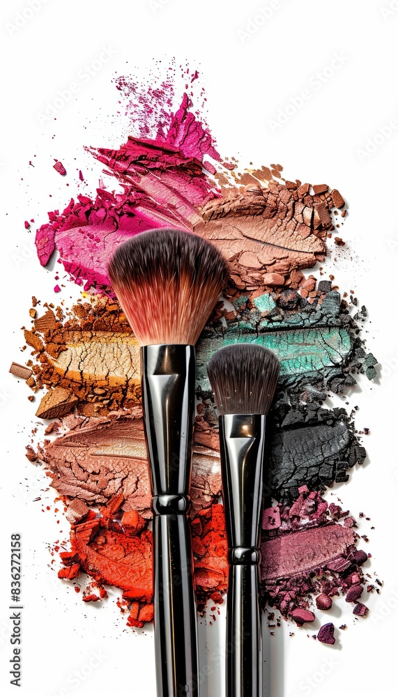 Aufkleber two makeup brushes covered in colorful eyeshadow and blush, artistically arranged against a white ba