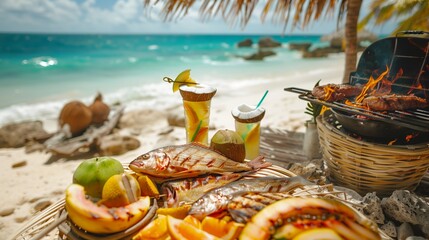 Enjoy a Caribbean beach picnic with exotic fruits, grilled fish, and coconut drinks under a straw umbrella.