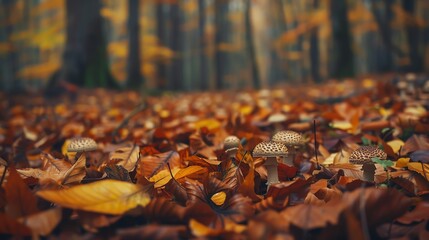 Mushrooms growing in a bed of fallen autumn leaves in a forest.