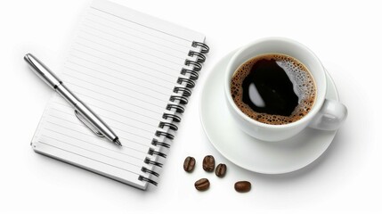 a cup of coffee and a notebook with a pen on a white background, beginning of the day, preparation for work