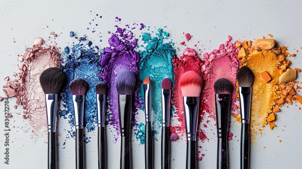Poster close-up of colorful makeup brushes with eyeshadow and blush on a white background. generative ai