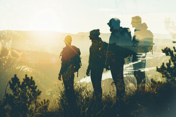 Fototapeta premium Silhouettes of four people hiking at sunrise, with double exposure effect showing a scenic view of mountains and nature.
