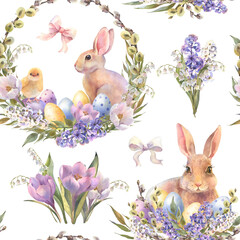 Watercolor Easter seamless pattern. Hand painted holiday wallpaper design with rabbits, leaves and spring flowers on white background. Vintage style spring texture