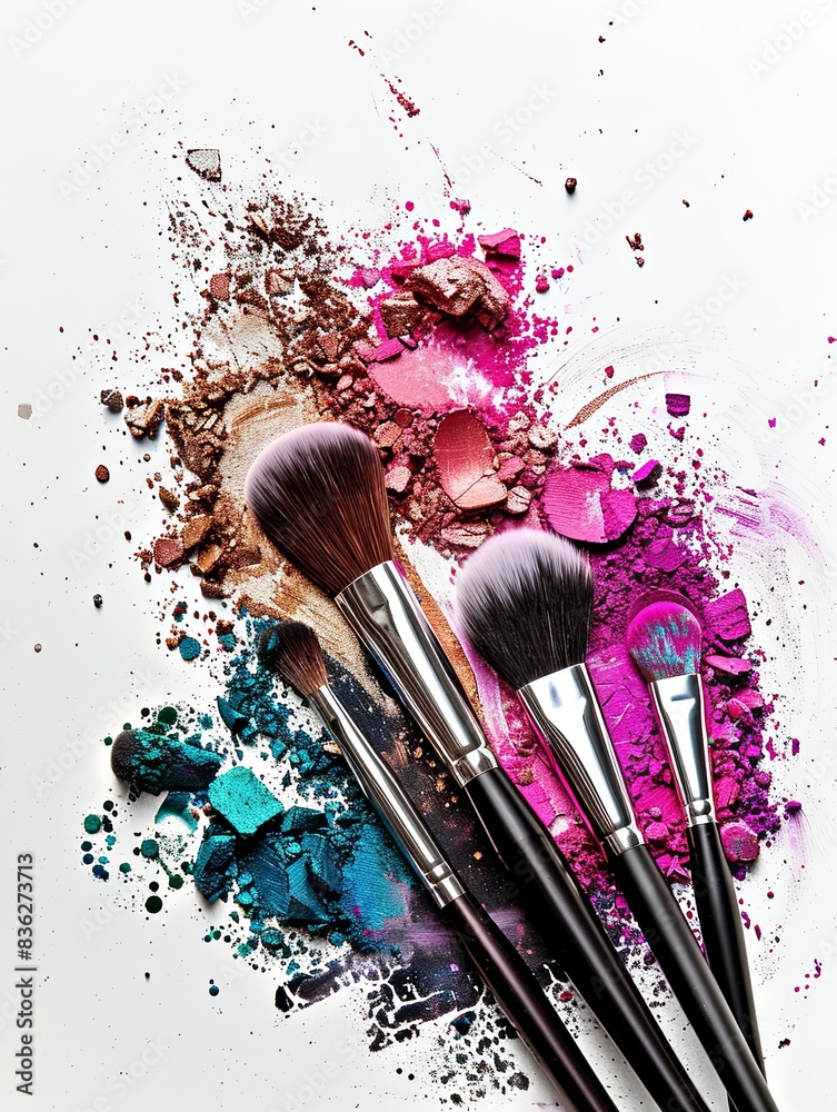 Poster close-up of makeup brushes covered in colorful eyeshadow and blush on a white background. generative